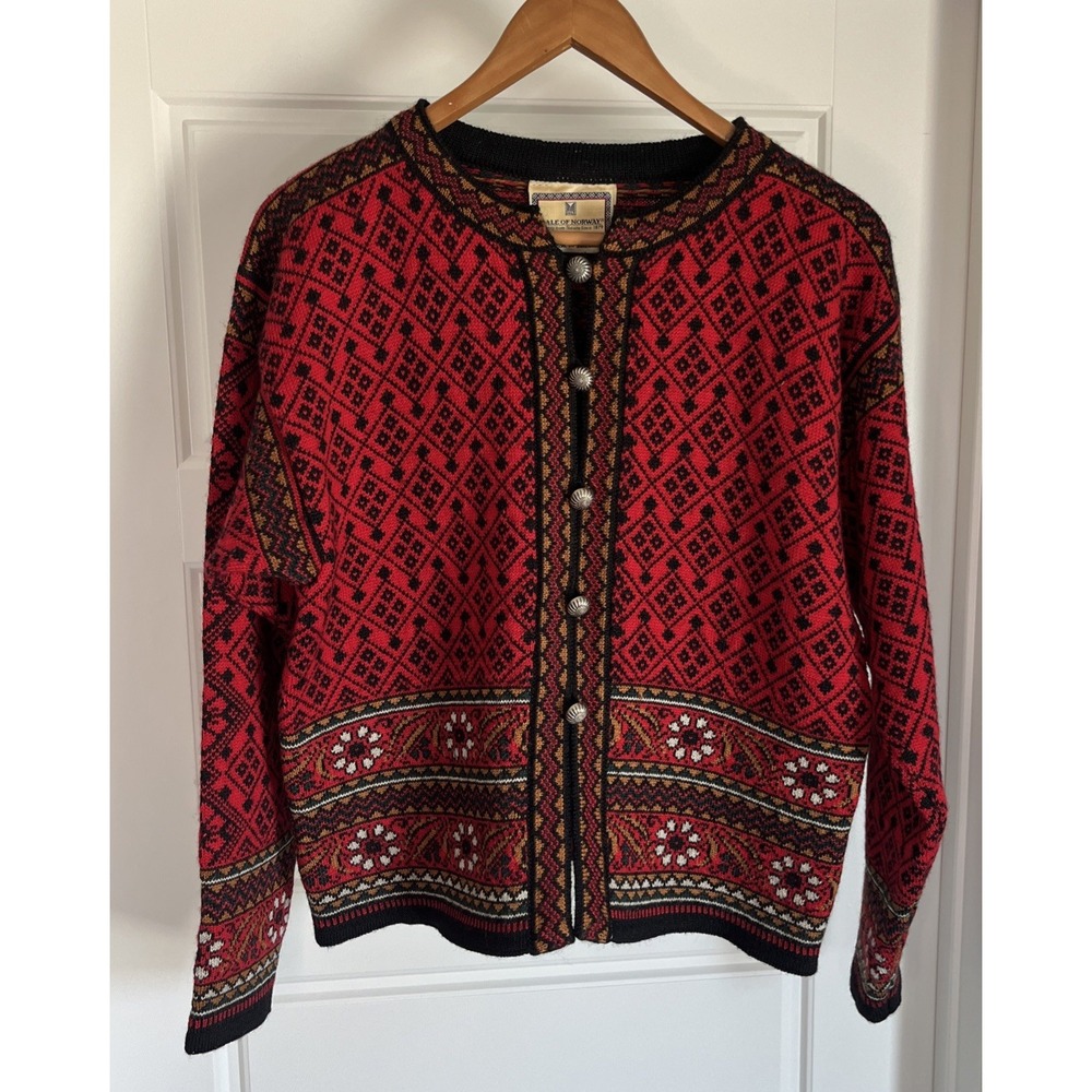 Dale Of Norway Women Red Fair Isle Knit Pure Wool Sweater Cardigan M Holiday